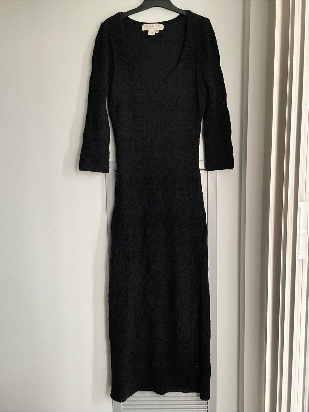 SALTWATER LUXE Black Crochet Scoop-Neck Knit Midi Dress